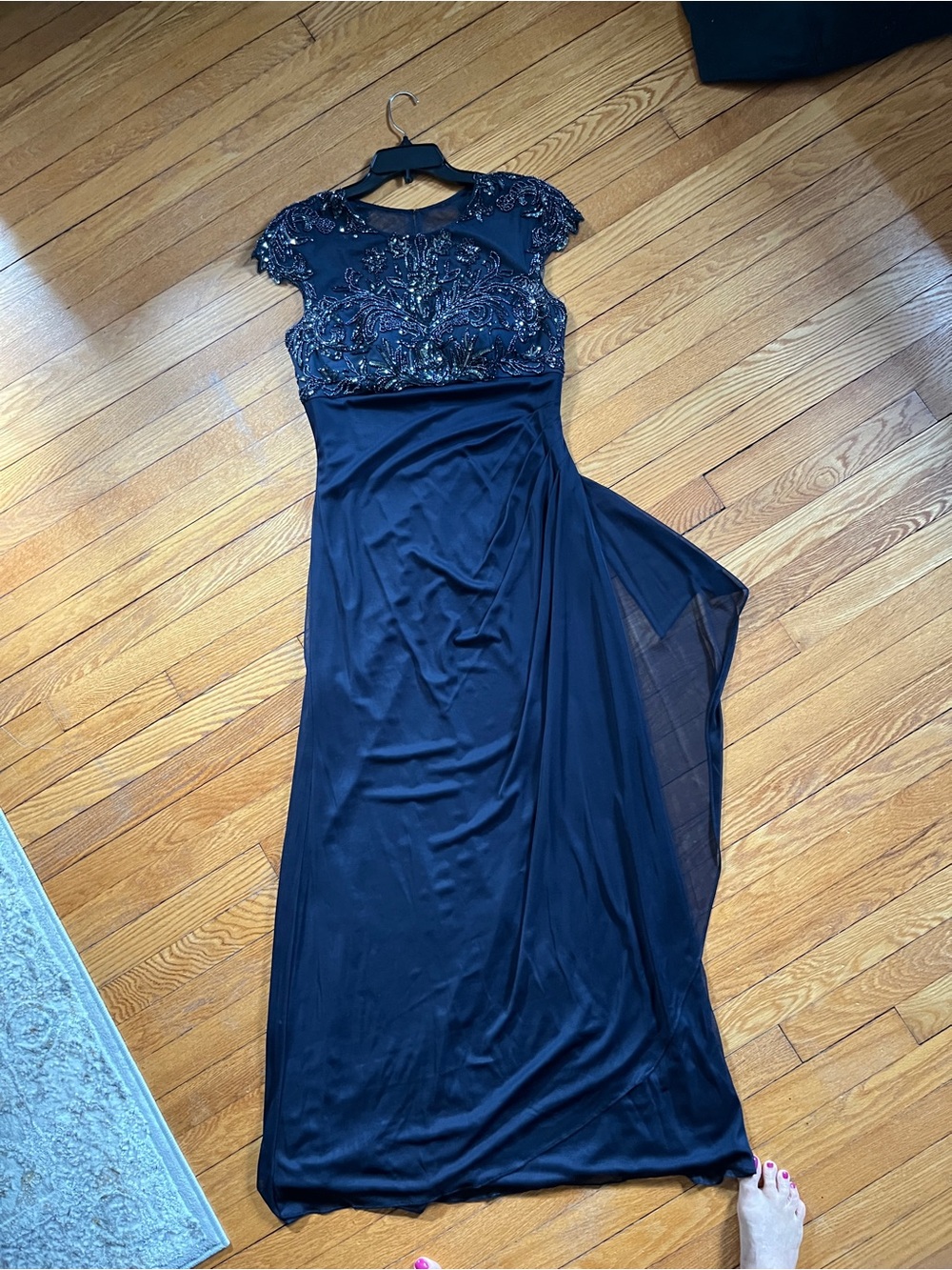 Xscape Black Embellished Cap-Sleeve Prom Gown